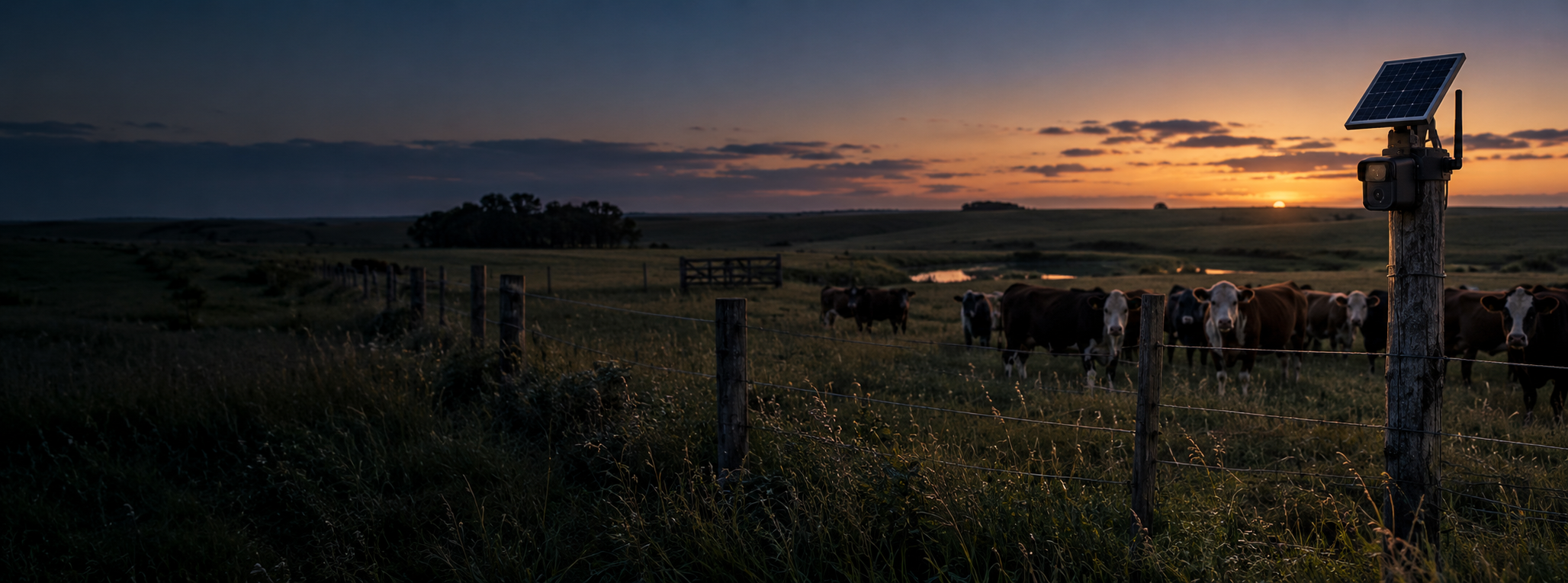 Ganado en un campo uruguayo protegido por un sensor solar al atardecer